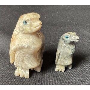 Minature Carved Stone Penguin Figurines Set Of 2 Beige 2" & Grey 1" Unmarked